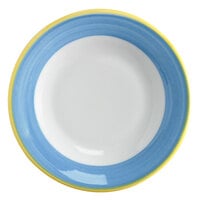 Corona by GET Enterprises PA1601901424 Calypso 6 1/2" Bright White Porcelain Rolled Edge Plate with Blue and Yellow Rim - 24/Case