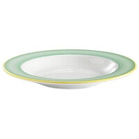 Corona by GET Enterprises PA1603903912 Calypso 18.8 oz. Bright White Rolled Edge Porcelain Bowl with Green and Yellow Rim - 12/Case