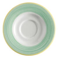 Corona by GET Enterprises PA1603900324 Calypso 6 1/2" Bright White Porcelain Rolled Edge Saucer with Green and Yellow Rim - 24/Case