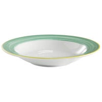 Corona by GET Enterprises PA1603703624 Calypso 9.7 oz. Bright White Rolled Edge Porcelain Soup Bowl with Green and Yellow Rim - 24/Case