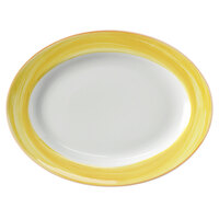 Corona by GET Enterprises PA1600907612 Calypso 10" x 7 1/2" Bright White Rolled Edge Porcelain Oval Platter with Yellow and Coral Rim - 12/Case
