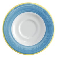 Corona by GET Enterprises PA1601900324 Calypso 6 1/2 inch Bright White Porcelain Rolled Edge Saucer with Blue and Yellow Rim - 24/Case