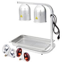 Avantco W62 Silver 2 Bulb Free Standing Heat Lamp / Food Warmer with Red Bulbs, Pan, and Grate - 120V, 500W