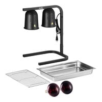 Avantco W62-BLK Black 2 Bulb Free Standing Heat Lamp / Food Warmer with Red Bulbs, Pan, and Grate - 120V, 500W