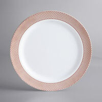 Gold Visions 10" White Plastic Plate with Rose Gold Lattice Design - 120/Case