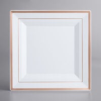 Gold Visions 10 inch Square White Plastic Plate with Rose Gold Bands - 120/Case