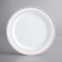 Gold Visions 10 inch White Plastic Plate with Rose Gold Bands - 12/Pack