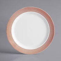 Gold Visions 7 inch White Plastic Plate with Rose Gold Lattice Design - 15/Pack