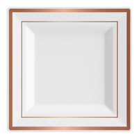 Visions 8" Square White Plastic Plate with Rose Gold Bands - 10/Pack