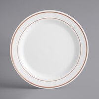 Gold Visions 9 inch White Plastic Plate with Rose Gold Bands - 12/Pack