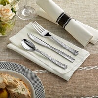 Visions 18 inch x 15 1/2 inch Pre-Rolled Linen-Feel White Napkin and Hammersmith Heavy Weight Silver Plastic Cutlery Set - 100/Case