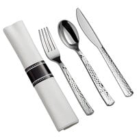 Silver Visions 18 inch x 15 1/2 inch Pre-Rolled Linen-Feel White Napkin and Hammersmith Heavy Weight Silver Plastic Cutlery Set - 25/Pack