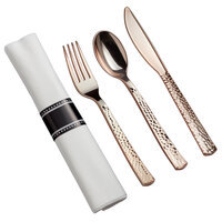 Gold Visions 18 inch x 15 1/2 inch Pre-Rolled Linen-Feel White Napkin and Hammersmith Heavy Weight Rose Gold Plastic Cutlery Set - 25/Pack