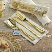 Gold Visions Individually Wrapped Classic Heavy Weight Gold Plastic Cutlery Set with Napkin and Salt and Pepper Packets - 25/Pack