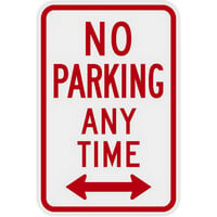 Lavex Industrial No Parking Any Time Two-Way Arrow Engineer Grade Reflective Red Aluminum Sign - 12 inch x 18 inch