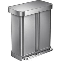 simplehuman CW2025 15 Gallon / 58 Liter Brushed Stainless Steel Dual Compartment Rectangular Front Step-On Trash and Recycling Can with Liner Pocket