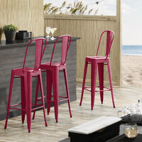 Lancaster Table & Seating Alloy Series Sangria Metal Indoor / Outdoor Industrial Cafe Barstool with Vertical Slat Back and Drain Hole Seat