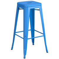 Lancaster Table & Seating Alloy Series Blue Stackable Metal Indoor / Outdoor Industrial Barstool with Drain Hole Seat