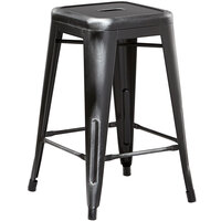 Lancaster Table & Seating Alloy Series Distressed Black Stackable Metal Indoor / Outdoor Industrial Cafe Counter Height Stool with Drain Hole Seat