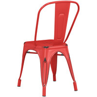 Lancaster Table & Seating Alloy Series Distressed Red Metal Indoor / Outdoor Industrial Cafe Chair with Vertical Slat Back and Drain Hole Seat