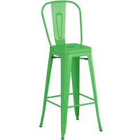 Lancaster Table & Seating Alloy Series Green Metal Indoor / Outdoor Industrial Cafe Barstool with Vertical Slat Back and Drain Hole Seat