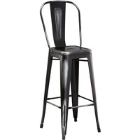 Lancaster Table & Seating Alloy Series Distressed Black Metal Indoor / Outdoor Industrial Cafe Barstool with Vertical Slat Back and Drain Hole Seat