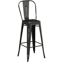Lancaster Table & Seating Alloy Series Distressed Black Metal Indoor / Outdoor Industrial Cafe Barstool with Vertical Slat Back and Drain Hole Seat