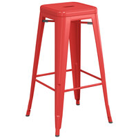 Lancaster Table & Seating Alloy Series Red Stackable Metal Indoor / Outdoor Industrial Barstool with Drain Hole Seat