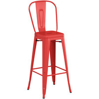 Lancaster Table & Seating Alloy Series Red Metal Indoor / Outdoor Industrial Cafe Barstool with Vertical Slat Back and Drain Hole Seat