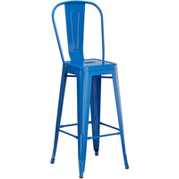 Lancaster Table & Seating Alloy Series Blue Metal Indoor / Outdoor Industrial Cafe Barstool with Vertical Slat Back and Drain Hole Seat