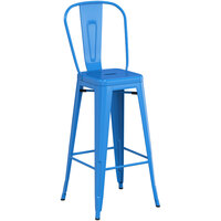 Lancaster Table & Seating Alloy Series Blue Metal Indoor / Outdoor Industrial Cafe Barstool with Vertical Slat Back and Drain Hole Seat