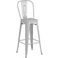 Lancaster Table & Seating Alloy Series Silver Metal Indoor / Outdoor Industrial Cafe Barstool with Vertical Slat Back and Drain Hole Seat