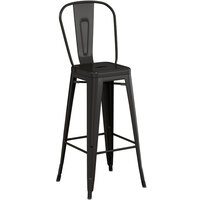 Lancaster Table & Seating Alloy Series Black Metal Indoor / Outdoor Industrial Cafe Barstool with Vertical Slat Back and Drain Hole Seat