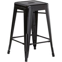 Lancaster Table & Seating Alloy Series Black Stackable Metal Indoor / Outdoor Industrial Cafe Counter Height Stool with Drain Hole Seat