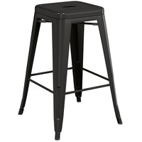 Lancaster Table & Seating Alloy Series Black Stackable Metal Indoor / Outdoor Industrial Cafe Counter Height Stool with Drain Hole Seat