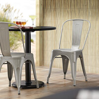 Lancaster Table & Seating Alloy Series Silver Metal Indoor / Outdoor Industrial Cafe Chair with Vertical Slat Back and Drain Hole Seat