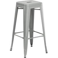 Lancaster Table & Seating Alloy Series Silver Stackable Metal Indoor / Outdoor Industrial Barstool with Drain Hole Seat