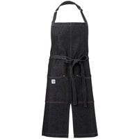 Mercer Culinary M63203BKD Metro Edge Zephyr Black Customizable Cotton Denim Bib Apron with Adjustable Neck, Split Front, and 2 Pockets - 34" x 30"