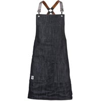 Mercer Culinary M63208DENBR Metro Edge Renegade Black Cotton Denim Bib Apron with Adjustable Brown Leather Cross-Back Straps, and 5 Pockets - 30 1/2" x 25 1/4"