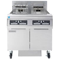 Frymaster FPRE214 High Efficiency Electric Floor Fryer with (2) 50 lb. Open Frypots, Built-In Filtration, and CM 3.5 Controls - 208V, 3 Phase, 28 kW