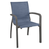Grosfillex US007288 Sunset Volcanic Black Stacking Armchair with Madras Blue Sling Seat - 16/Case