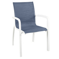 Grosfillex US007096 Sunset Glacier White Stacking Armchair with Madras Blue Sling Seat - 16/Case