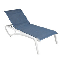 Grosfillex US120096 Sunset Glacier White Chaise Lounge with Madras Blue Sling Seat   - 2/Pack