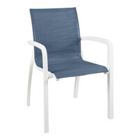Grosfillex US700096 Sunset Glacier White Stacking Armchair with Madras Blue Sling Seat   - 4/Pack