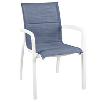 Grosfillex US009096 Sunset Glacier White Stacking Armchair with Madras Blue Comfort Sling Seat - 16/Case