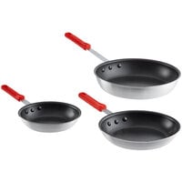 Choice 3-Piece Aluminum Non-Stick Fry Pan Set with Red Silicone Handles - 8 inch, 10 inch, and 12 inch Frying Pans