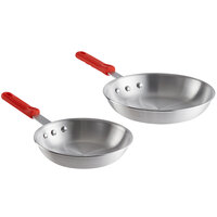 Choice 2-Piece Aluminum Fry Pan Set with Red Silicone Handles - 8 inch and 10 inch Frying Pans