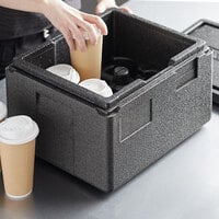Cambro Cam GoBox® Black Half-Size Top Loading EPP Insulated Food Pan Carrier with Cup Holders (6 Compartment) - 6 inch Deep Half-Size Pan Max Capacity