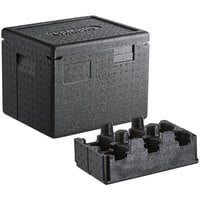Cambro Cam GoBox® Black Half-Size Top Loading EPP Insulated Food Pan Carrier with Cup Holders (6 Compartment) - 8 inch Deep Half-Size Pan Max Capacity