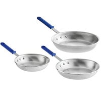 Vollrath Wear-Ever 3-Piece Aluminum Fry Pan Set with Blue Cool Handles - 8", 10", and 12" Frying Pans